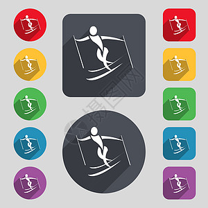 滑雪图标符号 由 12 个彩色按钮和长阴影组成的一组 平坦的设计 矢量游戏插图文字艺术活动运动员季节回旋字形象形图片