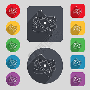 物理 原子 大爆炸图标符号 一组由12个彩色按钮和长阴影组成 平面设计 矢量图片