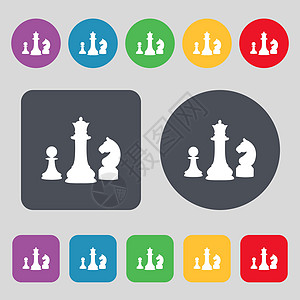 国际象棋游戏图标符号 一组有12色按钮 平面设计 矢量图片