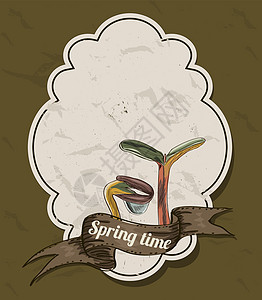 一套螺丝状的旧标签丝带发芽花朵时间生活季节贴纸插图图片