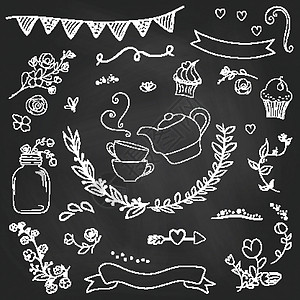 矢量中的古老浪漫元素 Pa 的时尚浪漫元素绘画草图涂鸦周年乡村甜点茶杯派对丝带旗帜图片