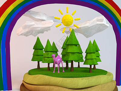 3D骆驼在低粒绿色景色中沙漠野生动物岩石彩虹公园图层孩子们自然动物故事背景图片