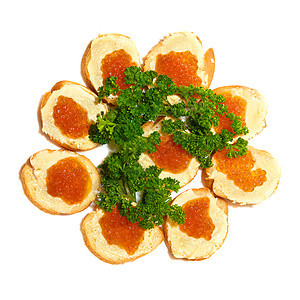 带有红鱼子酱的Tartlets派对橙子早餐海鲜盐渍奢华叶子宏观午餐点心图片