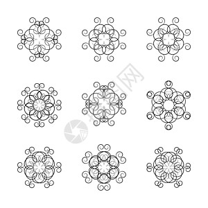一套圆形装饰品 矢量说明艺术风格圆圈边界漩涡螺旋卷发标识花纹插图背景图片