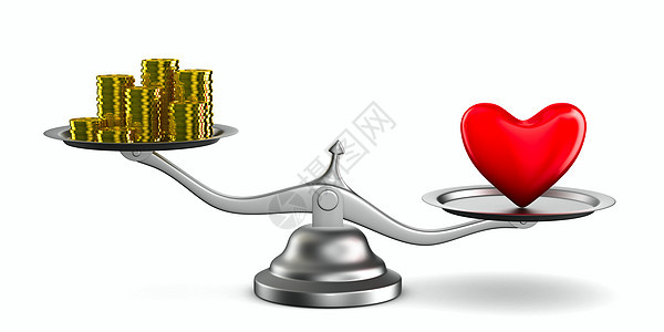 心脏和金钱在磅秤上 孤立的 3D 图像生长选举财富商业货币插图测量计算工具销售图片