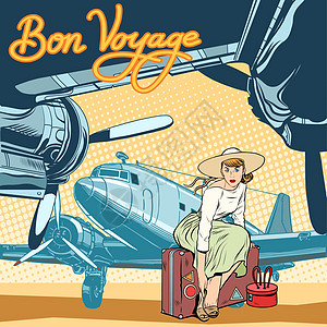 Bon voyage 美丽的女孩在runwa乘客技术商业工程行李航程手提箱背景卡通片机场图片
