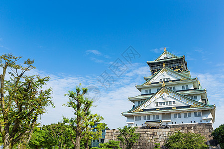 日本大阪城堡植物建筑学阳光栅栏历史遗产天空建筑蓝色宝塔图片