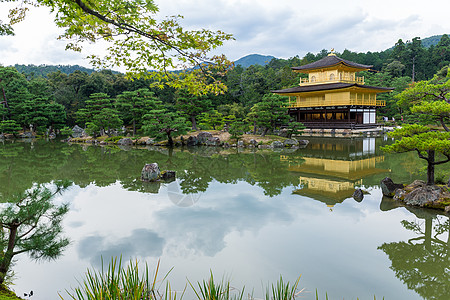 日本京都金宫寺庙金殿游客池塘宝塔旅游亭子明信片崇拜历史性建筑学金子图片