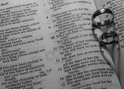 结婚戒指在圣经页上制造心形阴影庆典宗教乐队遗嘱联盟上帝金子信仰教会仪式图片