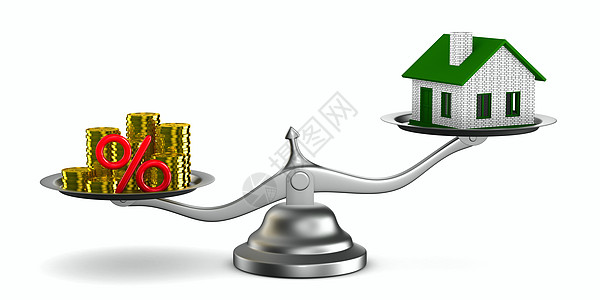 房子和钱在秤上 孤立的 3D 图像货币贷款平衡测量选举账单插图计算信用销售图片
