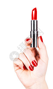 手中的红色口红配饰女性魅力女士治疗女孩白色化妆品管子嘴唇图片