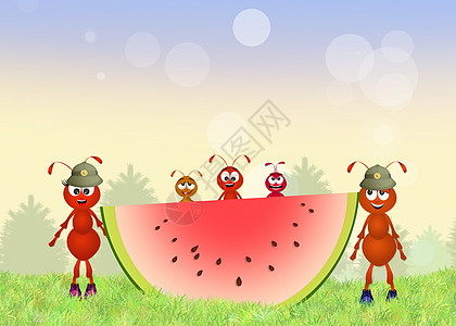 红色蚂蚁的滑稽大军昆虫工人卡通片父亲木头家庭西瓜动物水果母亲图片