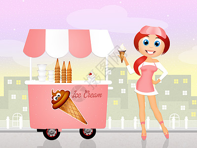 卖冰淇淋的女孩小贩奶油巧克力休息锥体插图时间杯子午休大车背景图片