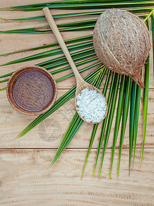 椰子油 椰子粉和椰子在椰子叶上设置 u情调化妆品药品热带康复疗法坚果营养治疗温泉图片