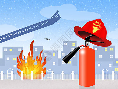 灭火器工作火焰卡通片帽子危险圆柱卡车燃烧职业安全背景图片