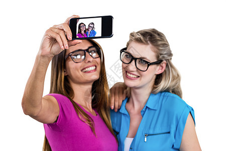 微笑的女朋友自拍肖像女士幸福服装闲暇女性快乐电话朋友技术休闲图片