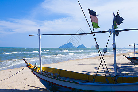 泰国渔船沉船支撑海滩旅行海岸运输破坏日落木头风景图片