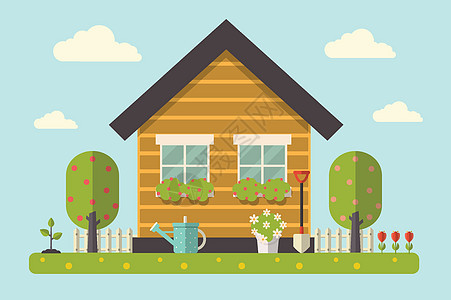 乐园和乐园天空花园小屋插图工具房子栅栏绿色土壤植物图片