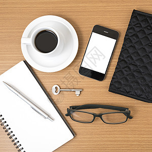 带纸条 钥匙 眼镜和钱包的咖啡和电话地面木头办公室文档杯子商业桌子图片