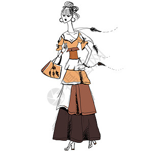 穿着吉普赛服饰的女孩 波西米亚风格 白色背景上的线性模式 适用于 T 恤印花 手机壳 海报 包袋印花 杯子印花 女孩日记或记事本图片