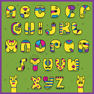 Danddy字母字母表 有趣的黄色粉红色字母摇滚乐民间潮人风格国家字体摇滚嘴唇孩子们粉黄色图片