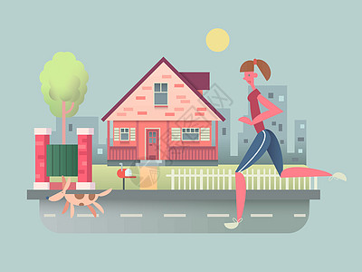 女人和狗一起在街上跑图片