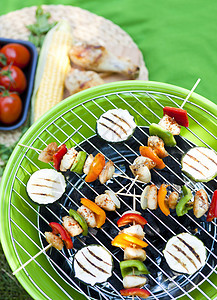 烤肉在烤锅上烧烤 夏日野餐绿色玉米烹饪派对花园蔬菜食物炙烤胡椒猪肉图片