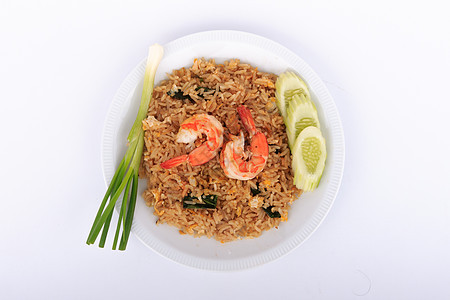 白板和白色背景的虾虾和蔬菜炒米 泰国烹饪品餐厅美食食物香料海鲜烹饪香菜盘子搅拌洋葱图片