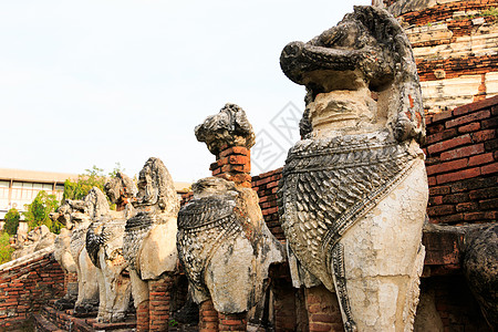 在泰国阿尤塔亚的Thammikarat寺庙 由狮子雕像Cambodia风格环绕着古董斯塔帕石头废墟建筑学历史性佛塔旅行岩石崇拜历图片