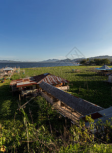 Tondano湖养鱼场房子苗圃国家农庄农业住宅建筑旅游全景生长图片