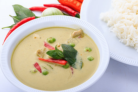 泰国传统和流行食品 泰国鸡绿咖哩装饰茄子餐厅牛奶食物盘子文化椰子午餐茉莉美食图片