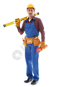 手工工人工业安全帽承包商腰带木匠蓝色建设者微笑统治者白色图片