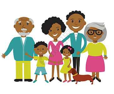 幸福的四口之家非裔美国人的父母 他们的儿子和女儿 自然阳光明媚的夏日背景中可爱的卡通人物 它制作图案矢量图片