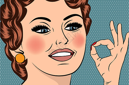 流行艺术可爱的复古女人在漫画风格与 OK sig化妆品微笑头发口红插图朋友们绘画眼睛公告女性图片