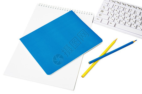 带键盘的笔记本蓝色黄色空白红色记事本笔记蜡笔学习螺旋笔记纸图片