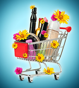 买鲜花的购物车装饰品营销篮子化妆品花朵蓝色红色购物金属市场商业图片