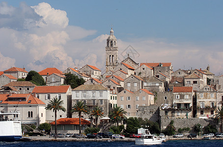 Korcula 克罗地亚杜布罗夫尼克附近的小岛屿城市海岸堡垒旅行海滩历史海岸线教会建筑物全景港口图片