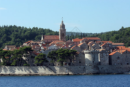 Korcula 克罗地亚杜布罗夫尼克附近的小岛屿城市堡垒历史旅游建筑物教会全景海岸线马球海岸港口图片