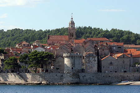 Korcula 克罗地亚杜布罗夫尼克附近的小岛屿城市历史建筑物全景教会旅游海岸线港口旅行马球海岸图片