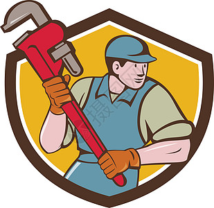 水管工运行活动扳手徽章卡通图片