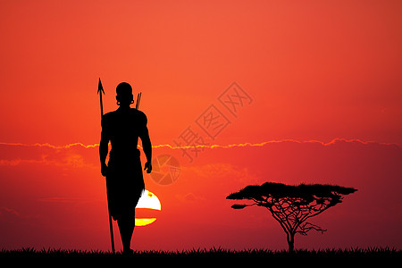 日落时的土著男子阳光马赛人旅行插图黑色部落文化荒野图片