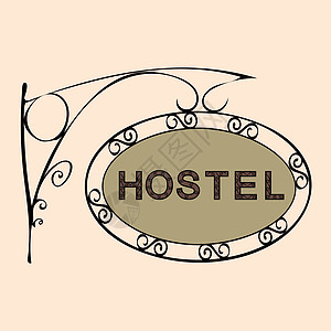 复古街头标志上的旅馆文字店铺插图指针广告旅行旅游酒店房间黑色棕色图片