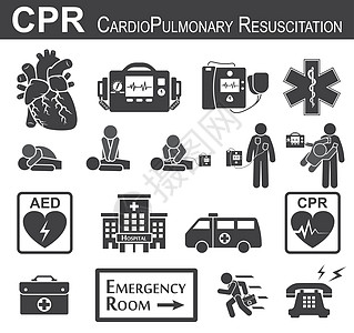 CPR 心肺复苏 图标 黑白 平面设计 基本生命支持 (BLS) 和高级心脏生命支持 (ACLS) 口对口 胸部按压 除颤图片