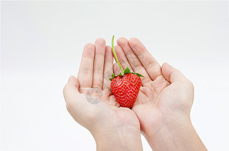 妇女手中的草莓在白色背景上被孤立食品叶子饮食女士女性绿色食物水果红色背景图片