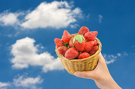 蓝天背景的篮子中草莓图片