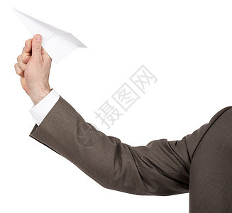 手持纸机的商务人士折纸衬衫男性喷射商务飞机人士套装背景图片
