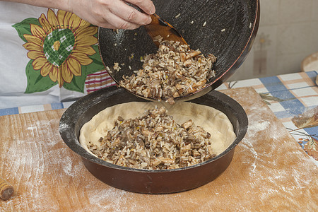 面粉粉将填充加在生面粉上面包酵母蛋糕食物过敏馅饼乡村甜点木板糕点背景