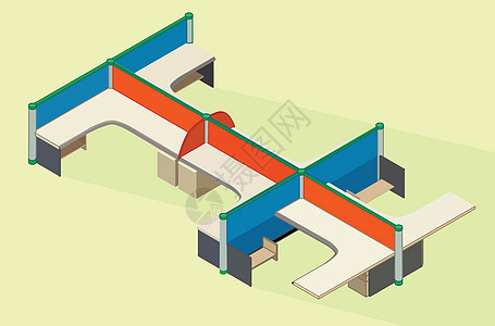 办公家具工作区等距平面部门插图剪贴风格隔间桌子盒子团体办公室同事背景图片