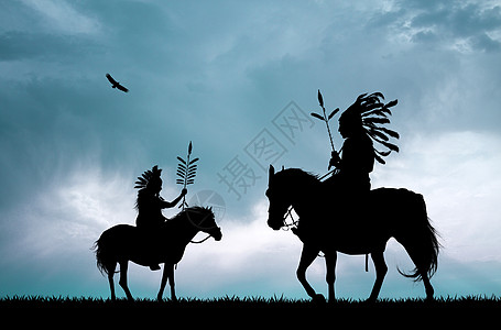 日落时的美洲土著印第安人原住民羽毛鬃毛插图帐篷荒野皮肤文化装饰品男人图片