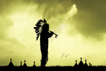疯马秀日落时的美洲土著印第安人插图男人猎人荒野文化帐篷鬃毛装饰品皮肤原住民背景